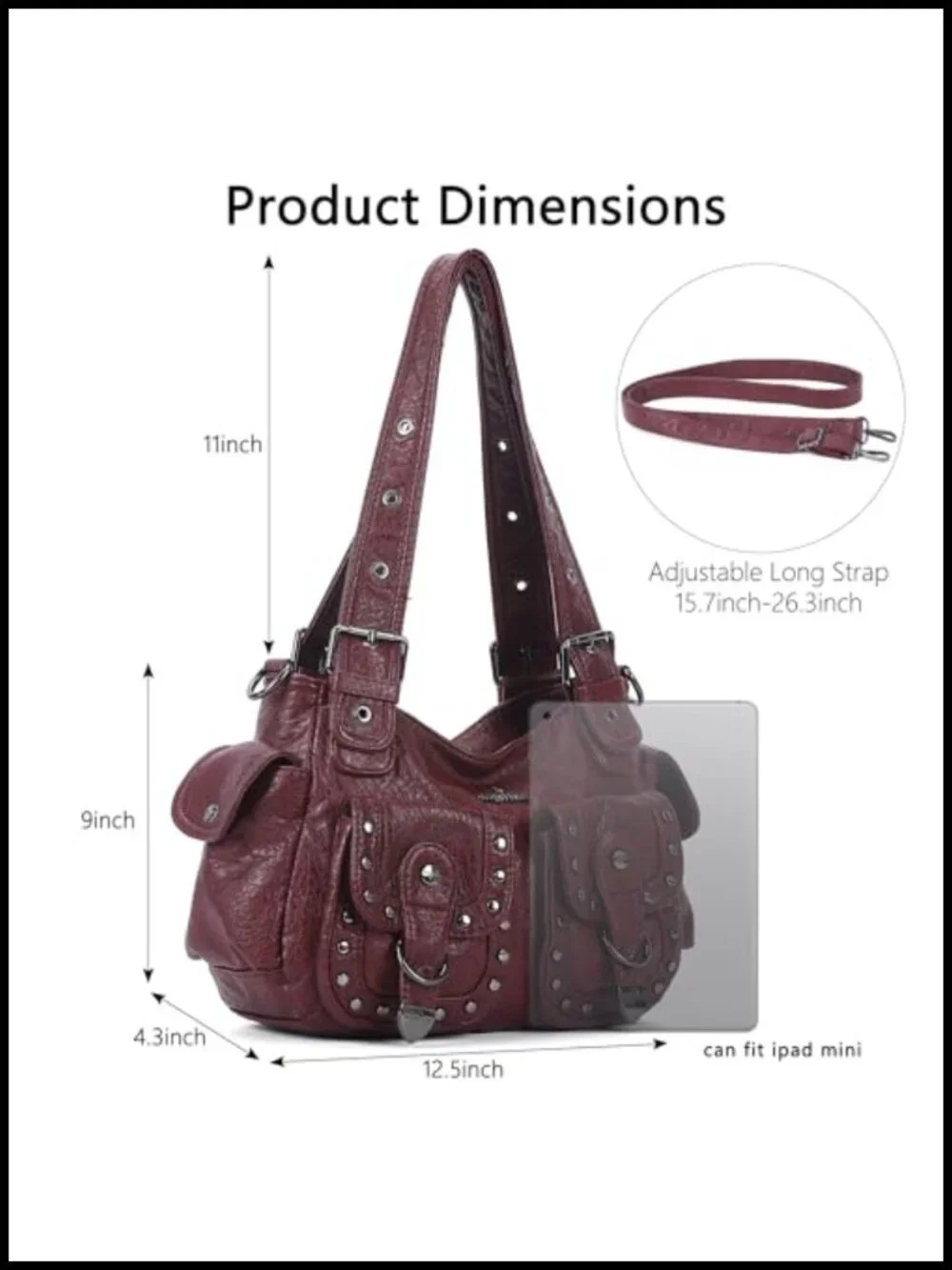Vegan Leather Hobo Bag Multi Pocket Studded Shoulder Tote